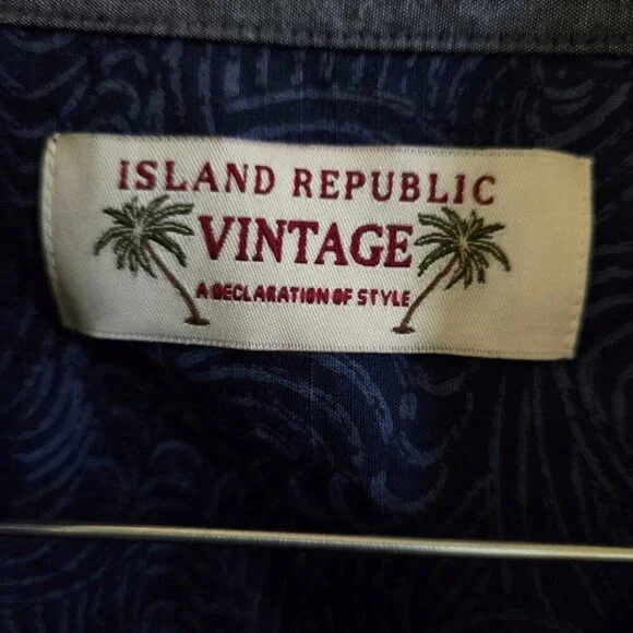 Island Republic Vintage Men's Dark Blue Print Short Sleeve Button Down Shirt - Picture 3 of 3